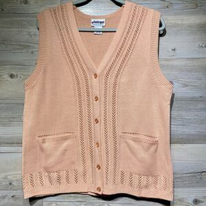 Cardigan Sweater Vest Women’s Large Pink Crochet Details Granny Cottagecore EUC